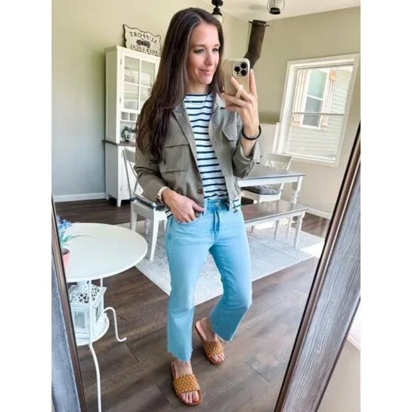 Women's Army Green Military Safari Cropped Jackets Button Down Lightweight - Picture 3 of 6